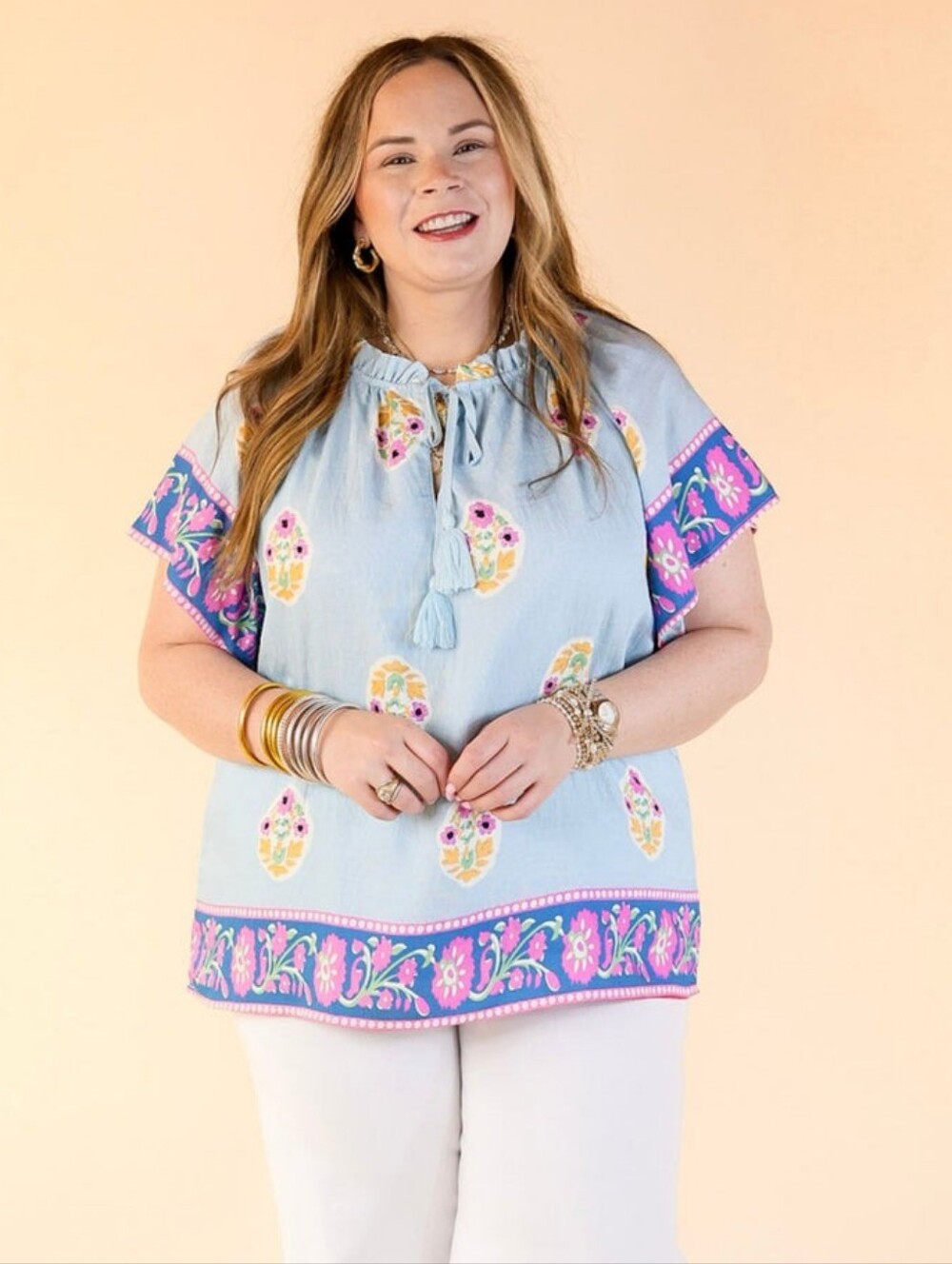 Umgee Boho Bloom Blue Border Top - Size 1XL